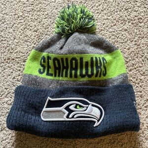 Seahawks New Era Pom Beanie - Navy and Lime